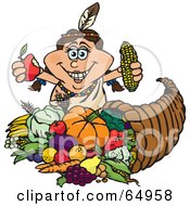 Royalty Free RF Clipart Illustration Of A Thanksgiving Native American Woman Holding Corn And An Apple Over A Horn Of Plenty by Dennis Holmes Designs