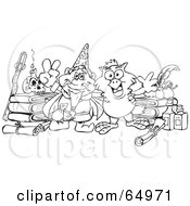 Royalty Free RF Clipart Illustration Of A Black And White Outline Of A Sorcerer And Owl With Bottles And Books by Dennis Holmes Designs