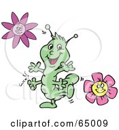 Poster, Art Print Of Dancing Green Caterpillar With Flowers