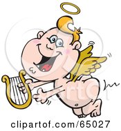 Poster, Art Print Of Happy Blond Angel Guy Flying With A Lyre