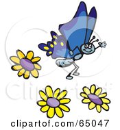 Royalty Free RF Clipart Illustration Of A Waving Blue Butterfly Over Yellow Flowers