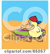 Poster, Art Print Of Happy Duck Carrying A Surf Board On A Beach