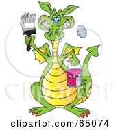 Royalty Free RF Clipart Illustration Of A Grinning Green Dragon Holding A Brush And Gallon Of Paint by Dennis Holmes Designs