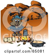 Wombat Camping And Cooking Over A Fire In The Outback