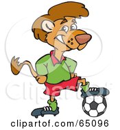 Royalty Free RF Clipart Illustration Of A Lion Resting His Foot On A Soccer Ball by Dennis Holmes Designs