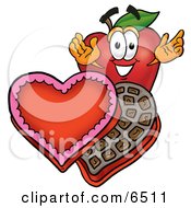 Red Apple Character Mascot With An Open Box Of Valentines Day Chocolate Candies