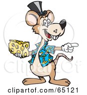 Royalty Free RF Clipart Illustration Of A Mouse Wearing A Hat And Shirt Pointing And Holding Cheese by Dennis Holmes Designs