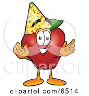 Poster, Art Print Of Red Apple Character Mascot Wearing A Birthday Party Hat