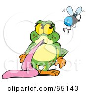 Hungry Green Pollywog Character Hanging Its Tongue Out And Watching A Fly