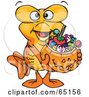 Poster, Art Print Of Trick Or Treating Male Goldfish Holding A Pumpkin Basket Full Of Halloween Candy