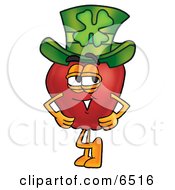 Poster, Art Print Of Red Apple Character Mascot Wearing A Green Paddys Day Hat With A Four Leaf Clover On It