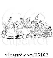 Royalty Free RF Clipart Illustration Of A Black And White Outline Of A Witch And Her Cat By A Cauldron Broom And Skull On Books by Dennis Holmes Designs