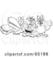 Royalty Free RF Clipart Illustration Of A Black And White Outline Of A Vampire And Bat Standing Near Coffins