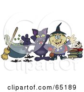Poster, Art Print Of Evil Witch And Her Cat By A Cauldron Broom And Skull On Books