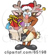 Royalty Free RF Clipart Illustration Of A Jolly Reindeer Carrying A Bag Full Of Christmas Presents