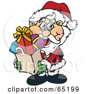 Royalty Free RF Clipart Illustration Of A Jolly Santa Claus Carrying A Bag Full Of Christmas Presents