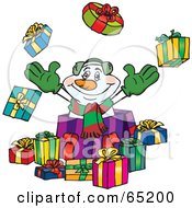 Poster, Art Print Of Jolly Snowman Popping Out Of A Gift Box Surrounded By Christmas Presents - Version 1