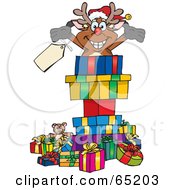 Poster, Art Print Of Olly Reindeer Popping Out Of A Gift Box Surrounded By Christmas Presents - Version 2