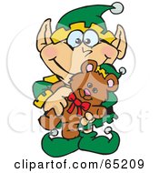 Poster, Art Print Of Happy Elf Holding A Christmas Teddy Bear