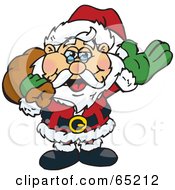 Royalty Free RF Clipart Illustration Of A Friendly Santa Waving And Carrying A Brown Toy Sack