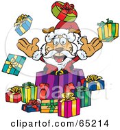 Royalty Free RF Clipart Illustration Of A Jolly Sparkey Dog Santa Popping Out Of A Gift Box Surrounded By Christmas Presents Version 2