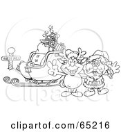 Black And White Outline Of Rudolph And Santa With A Sleigh At The North Pole