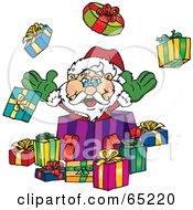 Poster, Art Print Of Jolly Santa Popping Out Of A Gift Box Surrounded By Christmas Presents - Version 1