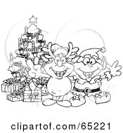 Poster, Art Print Of Black And White Outline Of A Peaceful Rudolph And Elf By A Christmas Tree