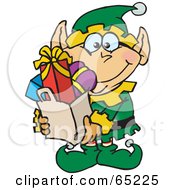 Poster, Art Print Of Jolly Male Elf Carrying A Bag Full Of Christmas Presents