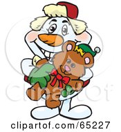 Poster, Art Print Of Happy Snowman Holding A Christmas Teddy Bear