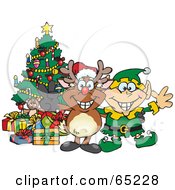 Poster, Art Print Of Peaceful Reindeer With An Elf By A Christmas Tree