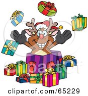 Poster, Art Print Of Jolly Reindeer Popping Out Of A Gift Box Surrounded By Christmas Presents - Version 1