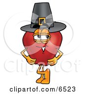 Red Apple Character Mascot Wearing A Pilgrim Hat On Thanksgiving Clipart Picture