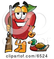 Red Apple Character Mascot Duck Hunting Standing With A Rifle And Duck
