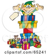 Poster, Art Print Of Jolly Elf Popping Out Of A Gift Box Surrounded By Christmas Presents - Version 2