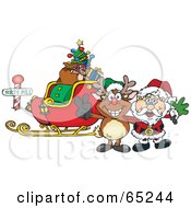 Reindeer And Santa In Front Of A Sleigh At The North Pole