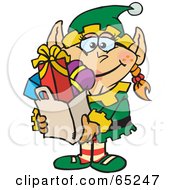 Poster, Art Print Of Jolly Female Elf Carrying A Bag Full Of Christmas Presents