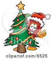 Red Apple Character Mascot With A Decorated Christmas Tree