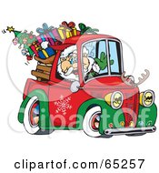 Santa Waving And Driving A Pickup Truck Sleigh