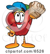 Red Apple Character Mascot Catching A Baseball With A Glove