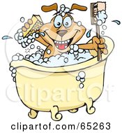 Royalty Free RF Clipart Illustration Of A Sparkey Dog Holding A Sponge And Brush While Bathing In A Clawfoot Tub