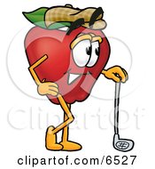 Red Apple Character Mascot Leaning On A Golf Club While Golfing