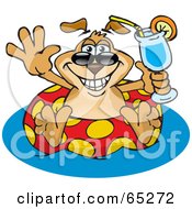 Royalty Free RF Clipart Illustration Of A Sparkey Dog Drinking A Beverage And Floating On An Inner Tube by Dennis Holmes Designs