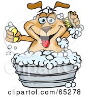 Royalty Free RF Clipart Illustration Of A Sparkey Dog Holding A Scrub Brush And Bar Of Soap While Bathing In A Metal Tub