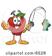 Red Apple Character Mascot Holding A Fish On A Fishing Pole