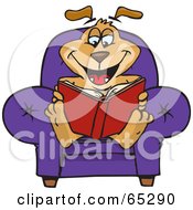 Poster, Art Print Of Sparkey Dog Sitting In A Chair And Reading A Book