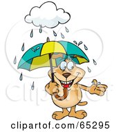 Poster, Art Print Of Sparkey Dog Reaching Out To Catch A Rain Drop While Standing Under An Umbrella