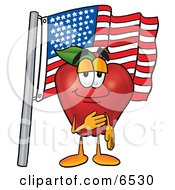 Red Apple Character Mascot Giving The Pledge Of Allegiance In Front Of An American Flag by Mascot Junction