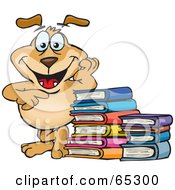 Sparkey Dog Leaning On A Stack Of Books