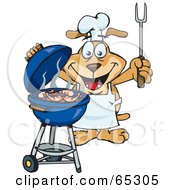 Poster, Art Print Of Sparkey Dog Chef Barbecuing Prawns On A Charcoal Grill